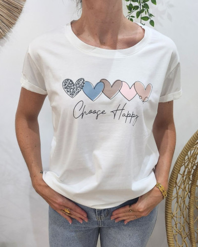 T-shirt femme blanc coeurs pastels Choose Happy noir