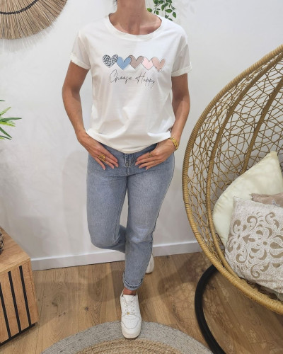 T-shirt femme blanc coeurs pastels Choose Happy noir