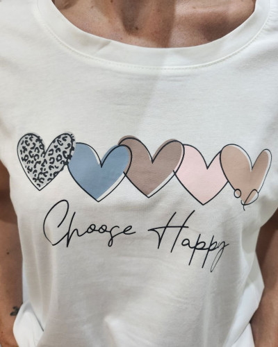 T-shirt femme blanc coeurs pastels Choose Happy noir