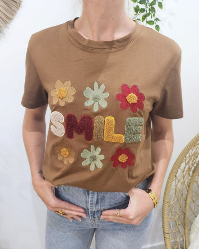 T-shirt femme marron SMILE fleurs terracota kaki