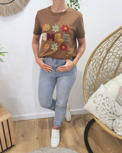T-shirt femme marron SMILE fleurs terracota kaki