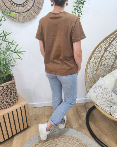T-shirt femme marron SMILE fleurs terracota kaki