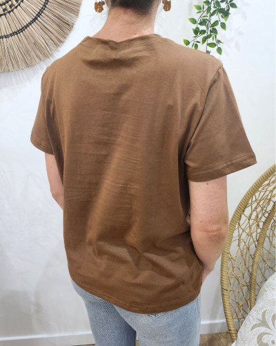 T-shirt femme marron SMILE fleurs terracota kaki
