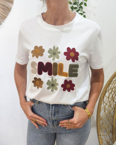 T-shirt femme blanc SMILE fleurs terracota kaki