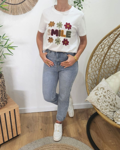T-shirt femme blanc SMILE fleurs terracota kaki