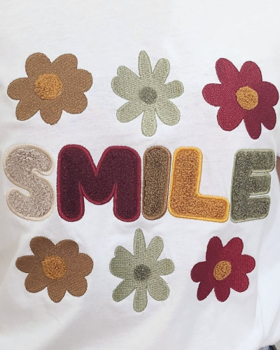 T-shirt femme blanc SMILE fleurs terracota kaki