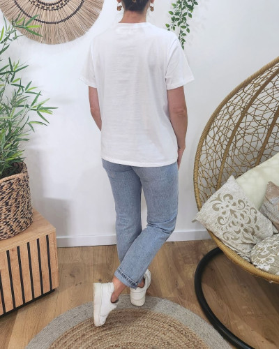 T-shirt femme blanc SMILE fleurs terracota kaki