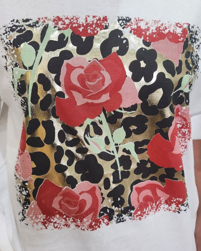 T-shirt femme blanc léopard doré et roses rouges