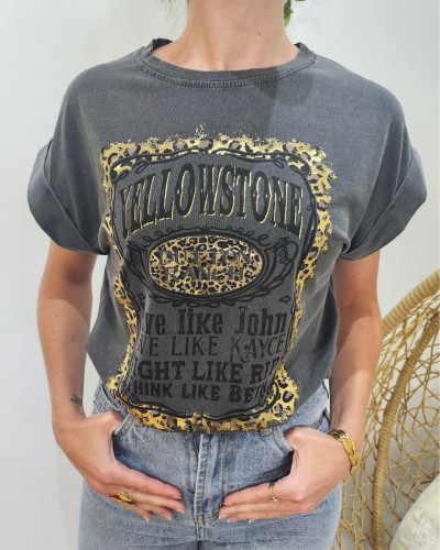 T-shirt femme gris délavé Yellowstone doré noir