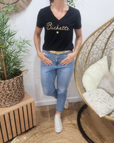 T-Shirt femme noir broderie bichette dorée