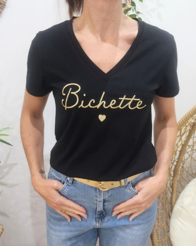 T-Shirt femme noir broderie bichette dorée