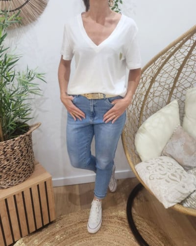 T-Shirt femme blanc broderie coeur doré Théa