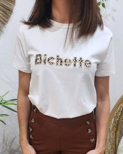 T-shirt femme blanc col rond broderie bichette léopard 