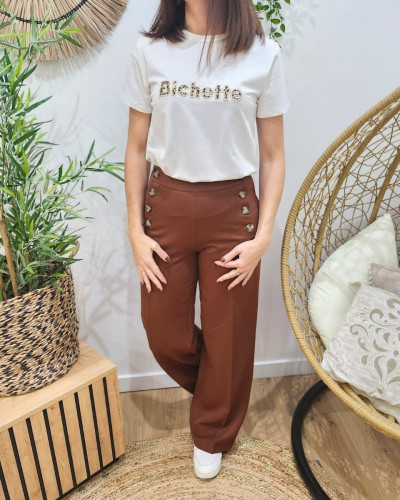 T-shirt femme blanc col rond broderie bichette léopard 