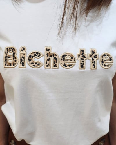 T-shirt femme blanc col rond broderie bichette léopard 