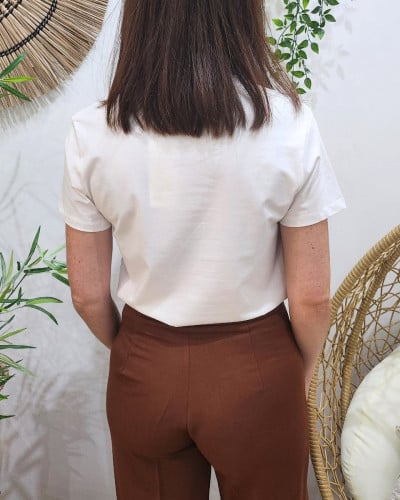 T-shirt femme blanc col rond broderie bichette léopard 
