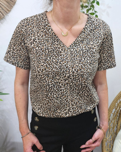 T shirt femme col V leopard c ur dore 28910