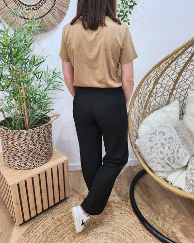 T-shirt femme camel coeur léopard brodé col rond