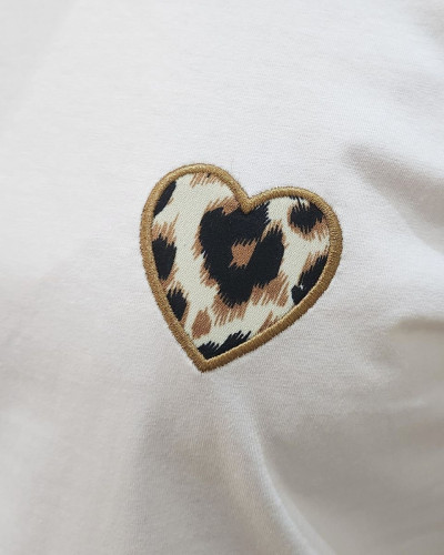 T-shirt femme blanc coeur léopard taupe