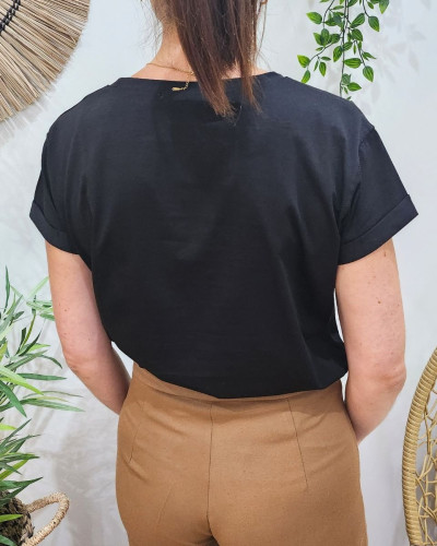 T-shirt femme noir coeur léopard taupe