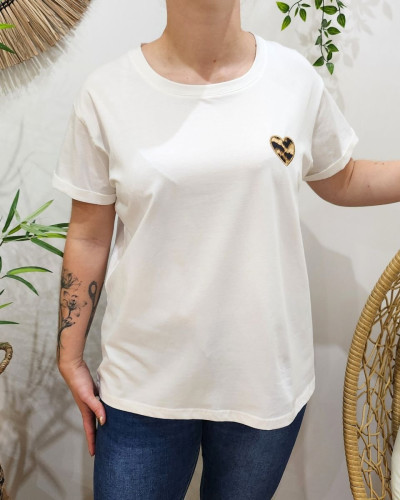 T-shirt femme blanc coeur léopard camel