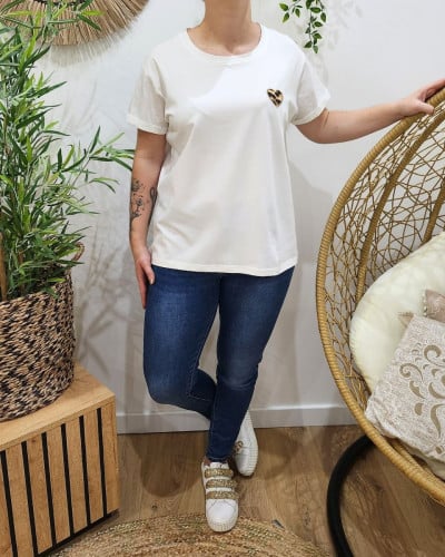 T-shirt femme blanc coeur léopard camel