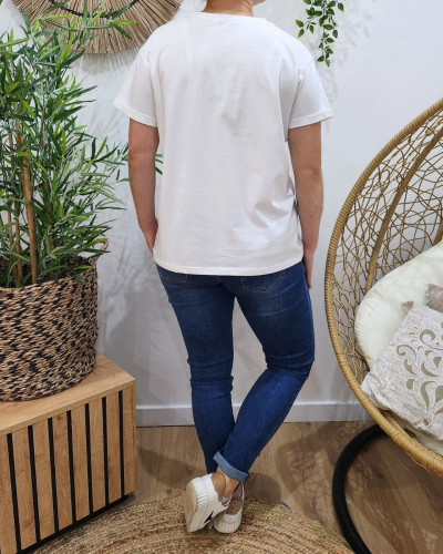 T-shirt femme blanc coeur léopard camel