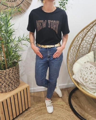 T-Shirt femme noir NEW YORK léopard