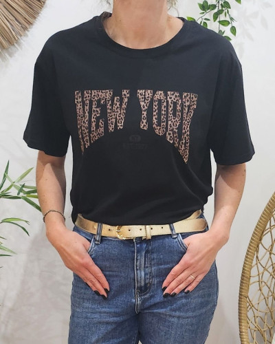 T-Shirt femme noir NEW YORK léopard