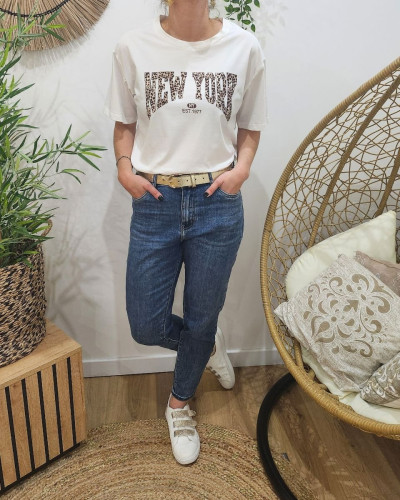 T-Shirt femme écru NEW YORK léopard