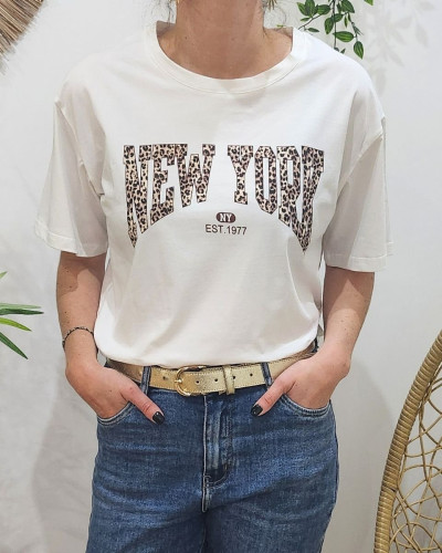 T-Shirt femme écru NEW YORK léopard