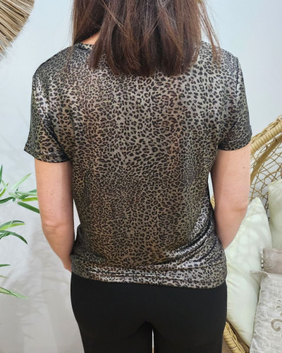 T-shirt femme métallisé léopard