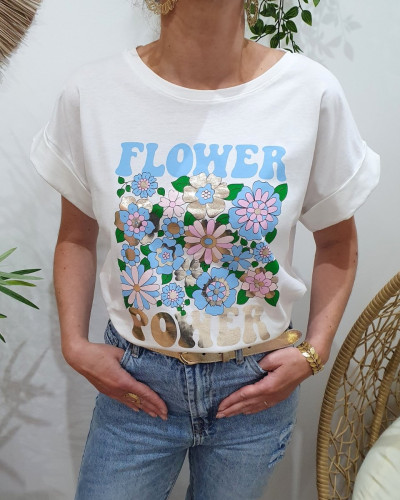 T-shirt femme blanc Flower Power