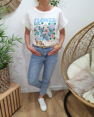 T-shirt femme blanc Flower Power