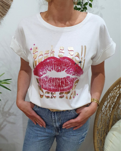 T-shirt femme blanc lips Rock & Roll
