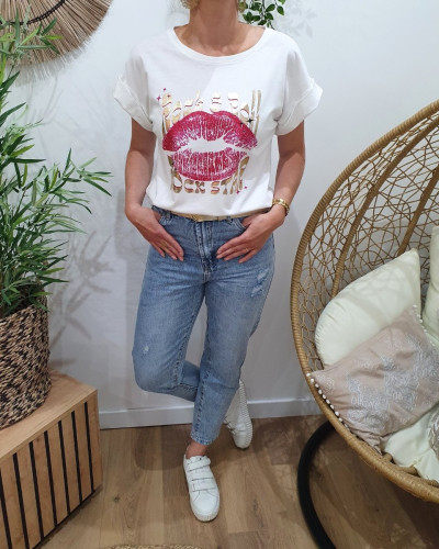T-shirt femme blanc lips Rock & Roll