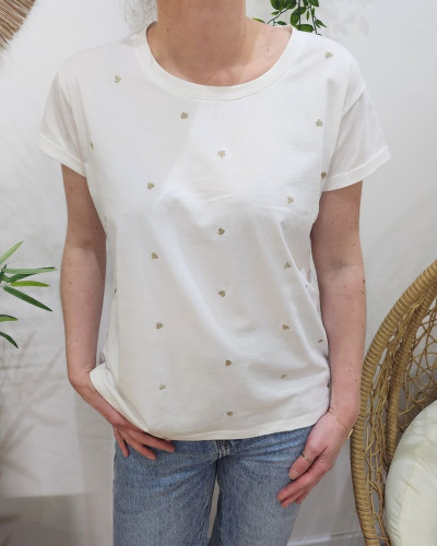 T-Shirt femme blanc coeurs brodés dorés