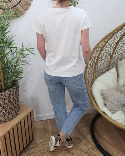 T-Shirt femme blanc coeurs brodés dorés