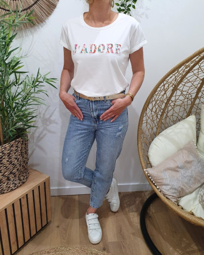 T-Shirt femme blanc J'adore fleuri rose orange vert