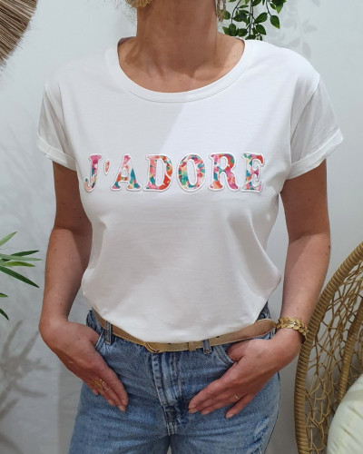 T-Shirt femme blanc J'adore fleuri rose orange vert
