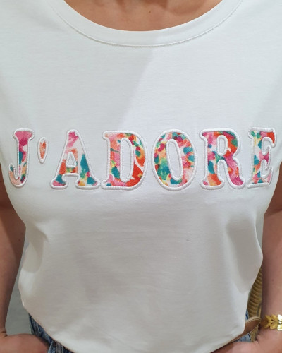 T-Shirt femme blanc J'adore fleuri rose orange vert