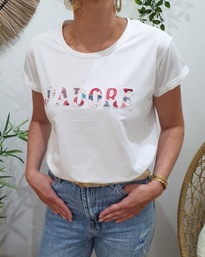 T-Shirt femme blanc J'adore fleuri rose et bleu