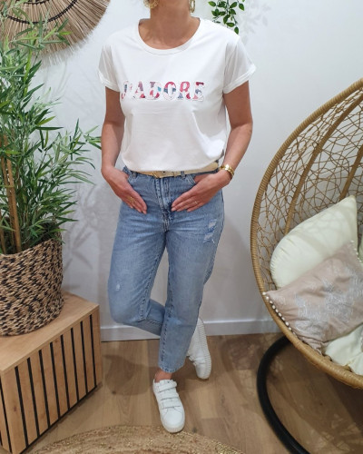 T-Shirt femme blanc J'adore fleuri rose et bleu
