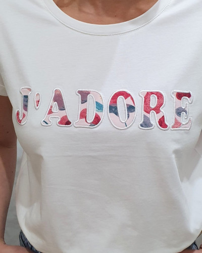 T-Shirt femme blanc J'adore fleuri rose et bleu