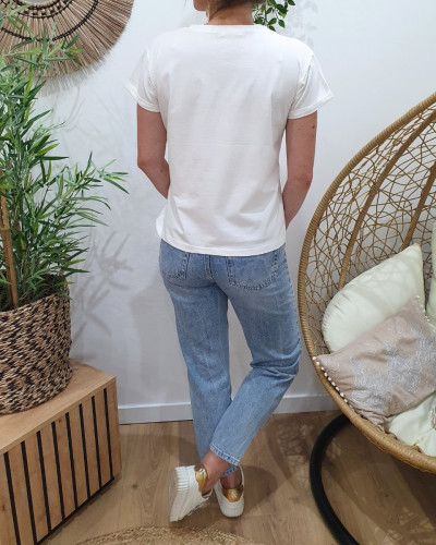 T-Shirt femme blanc J'adore fleuri rose et bleu