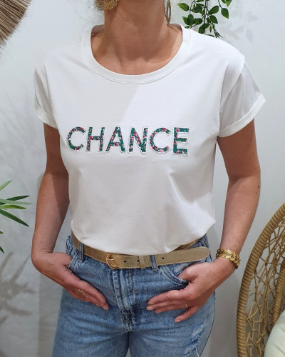 T-Shirt femme blanc CHANCE vert fleurs roses