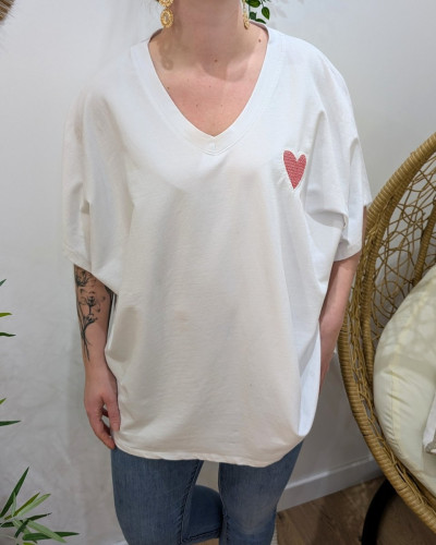 T-Shirt femme oversize coeur brodé rouge