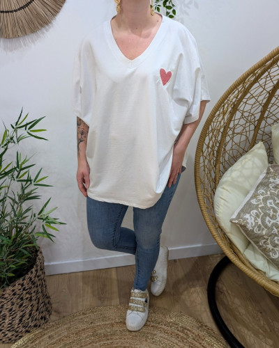 T-Shirt femme oversize coeur brodé rouge