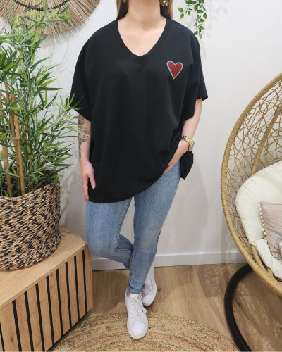 T-Shirt femme oversize coeur brodé rouge