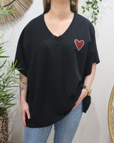T-Shirt femme oversize coeur brodé rouge